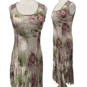 Vintage Y2K Floral Print Crinkled Maxi Dress Lace Details Sleeveless Womens S/M